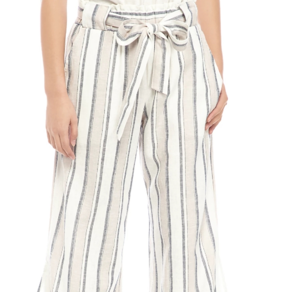 Indigo Rein Paper Bag Pants Linen Vertical Stripes slits on legs - Picture 2 of 14